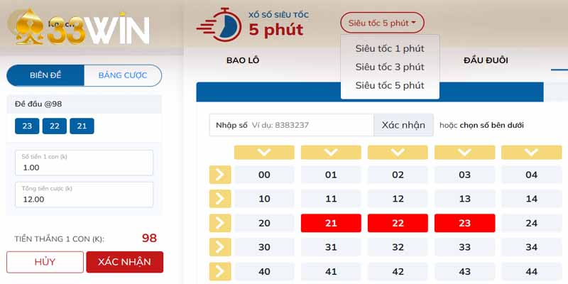 Bạn có thể chọn thời gian mở thưởng 1 phút, 3 phút hoặc 5 phút